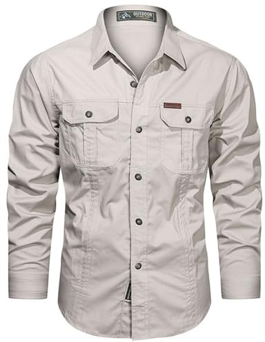 PADOLA Chemise Homme Manches Longues Slim Fit Coton Boutonnée Chemises avec Poches Col Rever Chemise de Travail Cargo Uni Chemisette Militaire Tactique Shirt Safari Habit (4 Beige, L)