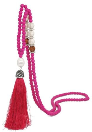 Whakano Böhmen Perlen Ketten,Runde Perle Handgemachte Halskette,Damen-Halskette Mit Quaste Anhänger,Pullover Kette Halsschmuck,Elegant Perlenkette Halsschmuck für Frauen Mädchen,Rosenrot