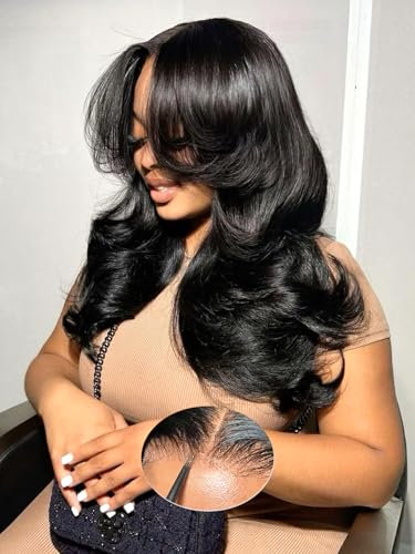 Echthaar Perücke Curtain Bangs Face-Framing Layered Loose Wave Human Hair Wig 6x6 Pre Cut Lace Front Reay To Wear Glueless Wig Human Hair For Black Women 200% Dichte Perücken Damen Mit Pony 20 Zoll