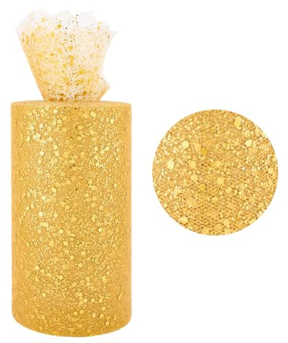 CABODYALS 45.72M 150mm Gold Tulle Roll Sparkle Sequins Mesh Fabric Sheer Netting Cloth By The Metre Glitter Polyester Wide Spool Ribbons for Making Festival Home Decor Clothing Accessories Diy Crafts