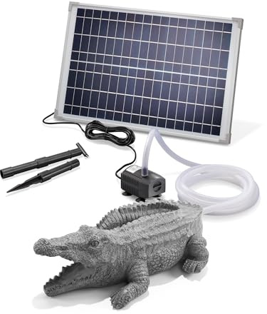 Esotec Solar Wasserspeier Set Krokodil Klaus mit Solarpumpe 101670 | 25Wp Solarmodul, 875l/h Pumpe, 2,4m Förderhöhe, IP68, Trockenlaufschutz, 5m Kabel, Polyresin, 1,5m Schlauch