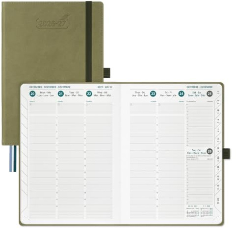 BEZEND Kalender 2026 2027 Buchkalender 1 Woche 2 Seiten A5 (21,5 x 15,5 cm) | 18 Monate Kalender (Jul 26 - Dez 27), PU-Leder Hardcover, 80 GSM Papier, Kiwi
