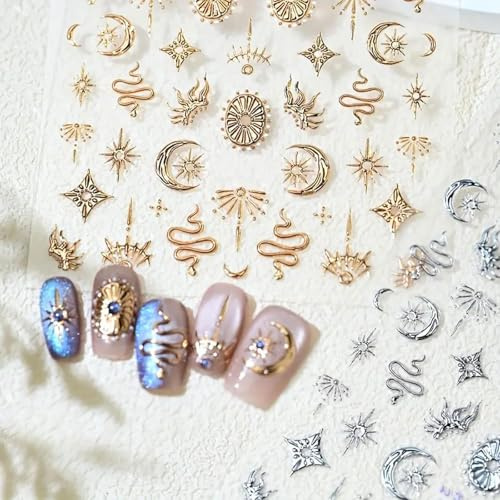 Xanthelle Gold Nail Stickers, 2 Sheets with Stars, Moon, Sun & Snake, 5D Embossed Nail Decals