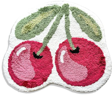 Dermalyx Kirsch Badteppich rutschfest, Weiche Badematte Obstform Shaggy Badvorleger, Waschbar Badezimmerteppich Für Dusche, Badteppiche Bad Dekoration 50 x 60 cm