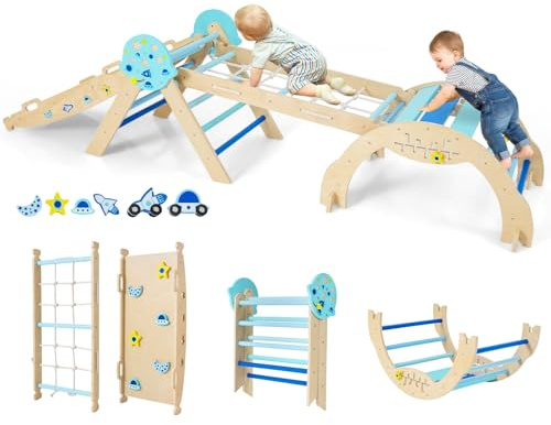 COSTWAY Klettergerüst Indoor 4er Set, klappabres Kletterdreieck Universum | mit Kletterbogen, Netz, inkl. doppelseitige Rampe, Baustein Set & 2 Autos, Sprossendreieck Holz für Kinder ab 1 Jahr