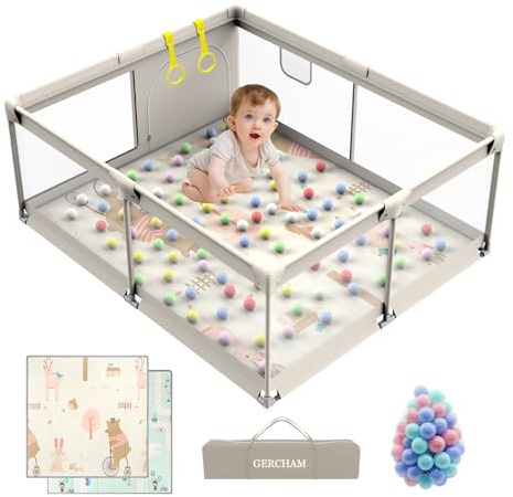 Baby Laufgitter mit Matte,150x180cm Laufstall Baby mit Matratze,XXL faltbarer Kinder Laufstall mit 50 Bälle,große Laufgitterzelt für Säuglinge,Zaun,Beige