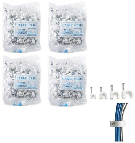 Set de 400 grapas para cables redondas con clavos de acero – 4 tamaños 4/6/8/10 mm – clips blancos para fijación a pared (hormigón, ladrillo, madera), gestión de cables eléctricos, Ethernet, coaxial
