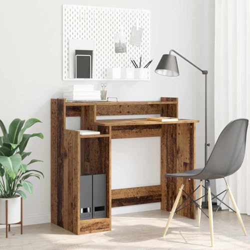 Foknhdi Schreibtisch mit Regal Altholz 97x45x90 cm LED Modernes Design aus Holzwerkstoff Kabeldurchführung USB Strom für Home Office Living Room Gaming
