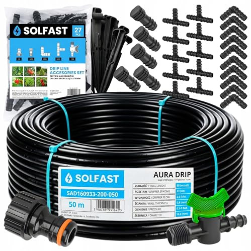 SOLFAST Tropfschlauch Set 50 m 16 mm – Bewässerungssystem Tropfbewässerung für Garten, Gewächshaus, Pflanzen, Beet, Hecke, automatische Gartenbewässerung