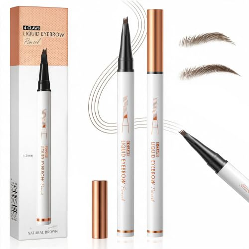 2 Pcs Microblading Eyebrow Pencil, 4-Tip Waterproof Eyebrow Pen, 3D Fine Stroke Brow Pencil, Long Lasting Natural Looking Eyebrow Makeup, Smudge Proof, Stay All Day for Women (Light Brown)