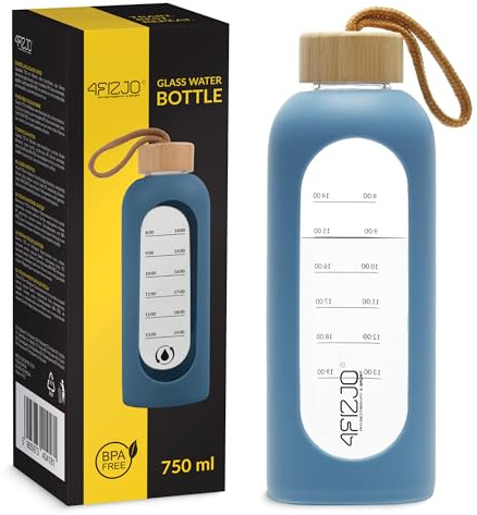 4FIZJO Trinkflasche Glas 750 ML, Glasflasche mit Schutzhülle, Bambusdeckel, Wasserflasche für Sport, Schule, Borosilikatglas, Spülmaschinenfest, BPA Frei, Blau