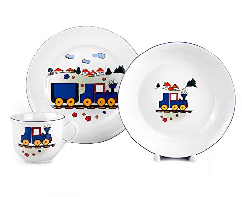 225 ml Porzellan Kinder Teller und Becher Set Kinder Porzellan Geschirr Set mit 3 Geschirrset für Kinder Tiefer Teller Flacher Teller und Kinderbecher (Kleiner Zug)