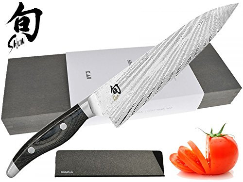 KAI Shun Nagare - Cuchillo Santoku (acero de damasco con grabado, incluye funda protectora de la hoja Prymo), acero madera, 1) Cuchillo sin grabado., 6) Kochmesser 20cm