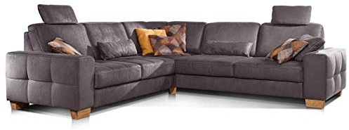 Cavadore Ecksofa Puccino mit Federkern, verstellbaren Sitztiefen und 2 Kopfstützen / Couch gleichschenklig in L-Form im Landhausstil / 276 x 86 x 271 cm / Mikrofaser braun