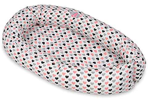 Velinda Kuschelnest Babynest Babynestchen Nestchen Reisebett Kuschelbett 100% Baumwolle (Muster: Herzen in Rosa-Schwarz-Grau)