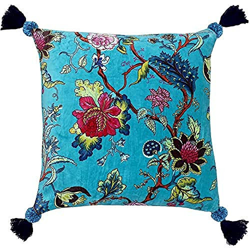 Riva Paoletti Tree Of Life Kissenbezug - Eisvogel Blue - Floral Chinoiserie-Druck - Pompom Quaste Corners - Maschinenwaschbar - 100% Baumwolle - 50 X 50 Cm (20 X 20 Zoll) - Entwickelt In Großbritann