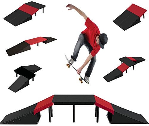 The Magic Toy Shop Skate Ramp Set - 6 Assembly Variations, Red & Black, Anti Slip, Modular & T-Lock System, Easy Setup - Outdoor Adventure for Kids with Bikes, Scooters, Skateboards, RC Cars