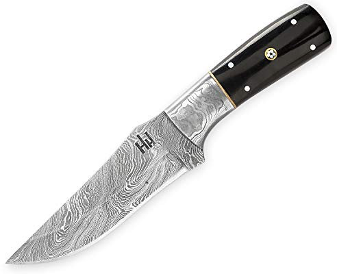 Hobby Hut HH-701, Cuchillo de Caza de Acero Damasco de 8.5 Pulgadas Hecho a Mano Personalizado - Hoja Fija de Espiga Completa, Mango de Cuerno de búfalo - Funda de Cuero