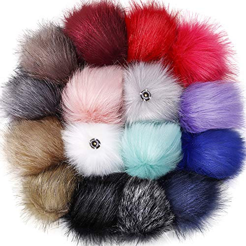 DIY Kunstpelz Pom Poms Ball mit Druckknopf Abnehmbarer Flauschiger Pompon für Strickmützen Schuhe Schals Tasche Zubehör (Bunt, 16)
