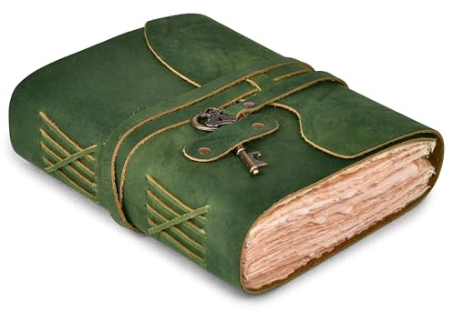 LEATHER VILLAGE Vintage Leather Journal – 200 Handmade Vintage Deckle Edge Paper – Leather bound Journal For Women Men – Brass Key Closure - Book of Shadows - Green - 10X7 inches | Handmade Deckle Edge paper, 200 Blank Pages , Grimoire, Book Of Shadows, Sketchbook, Scrapbook, Leather Journal , Green 10x7