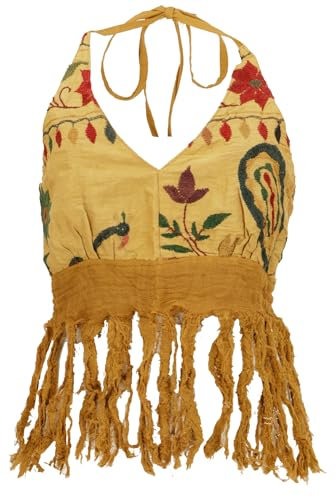 GURU SHOP Goa Top, Psytrance, Bandeau Top, Rückenfreies Fransentop - Sienna, Damen, Baumwolle