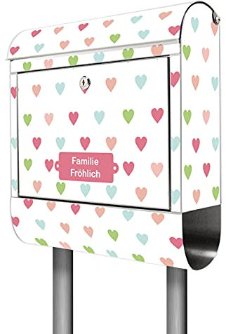 banjado® Briefkasten mit Standfuß personalisiert Motiv Herzen Auf Weiß - Stand Briefkasten Edelstahl mit Zeitungsfach - Postbox/Postkasten A4 Einwurf inkl. Montagematerial & 2 Schlüssel