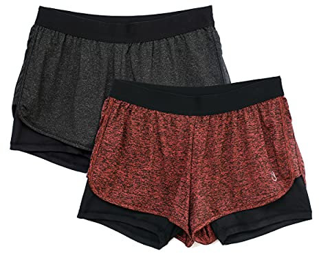 icyzone Damen Laufshorts 2 in 1 Sport Yoga Training Shorts Kurze Sporthose Laufhose, 2er Pack (Black/Red, L)