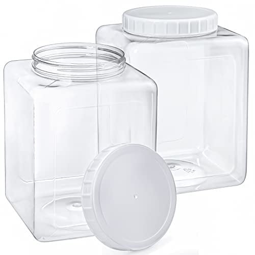 Elsjoy 2 Pack 1.3Gallon/ 5L Plastic Jars, Plastic Gallon Containers with Lids, Large Square Plastic Food Storage Jar for Kitchen, Dry Food, Snack