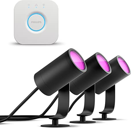 Philips Hue Lily Kit de démarrage avec 3 spots de jardin (anthracite) - Lumière blanche et colorée - Comprend 1 câble d'alimentation, 1 Hue Bridge - Éclairage de jardin - Hue White and Color Ambiance
