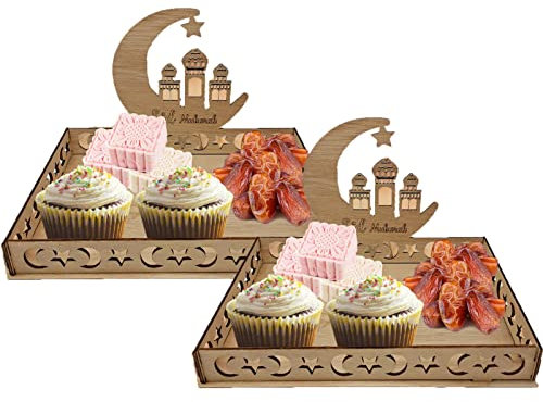 sadfd 2 Stück Eid Mubarak Tablett, Mondstern Dessert Tablett, Holz Servier Tablett, Serviergeschirr, Dessert Gebäck Tablett, Dessert Ausstellungs Stand, Ramadan Party Dekoration (2St)
