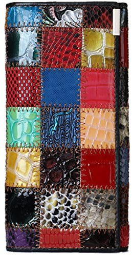Karoukee Damen Fancy Echtleder Bifold Lange Brieftasche Einzigartig Patchwork Bunte Handy Clutch Geldbörse mit großem Fassungsvermögen Kreditkarten Halter Geldbörse Kiss Lock Münzbeutel Portemonnaie