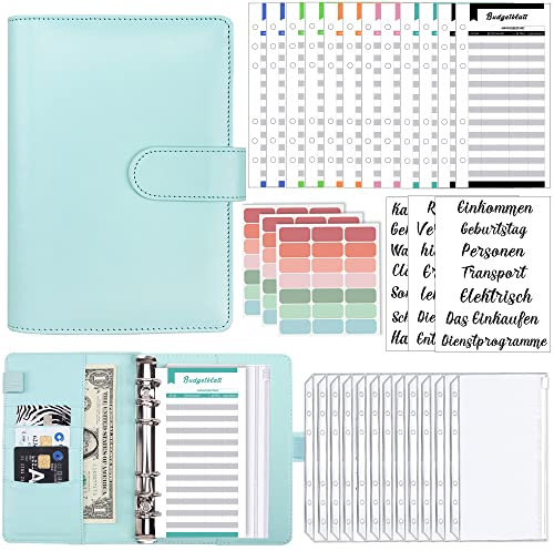 A6 Binder Budget Planner Deutsch: Geld Organizer Budget Planer mit 12 Binder Taschen, 12 Budgetblätter Deutsch, Etikettenaufklebern Sparbuch für Reisen,Tagebuch und Geschenk