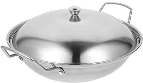 UPKOCH Wok en Acier Inoxydable Lourd De 9 Pouces (22 Cm) avec Couvercle Poêles À Frire avec Couvercle Bombé - Batterie De Cuisine Anti-Rayures pour Wok en Acier À Double Poignée De