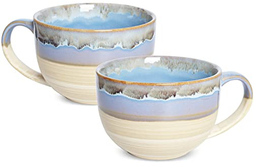 Bosmarlin Ceramic Jumbo Coffee Mug Set of 2, 23 Oz, Large Mug Soup Bowls with Handles, Dishwasher and Microwave Safe (Blue)