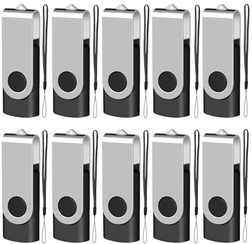 8GB USB Stick Pack, EASTBULL USB Memory Stick 10Pack USB2.0 Flash Drive Swivel Design Pen Drive 8GB Memory Stick Fold Storage (Black With Free Lanyard)