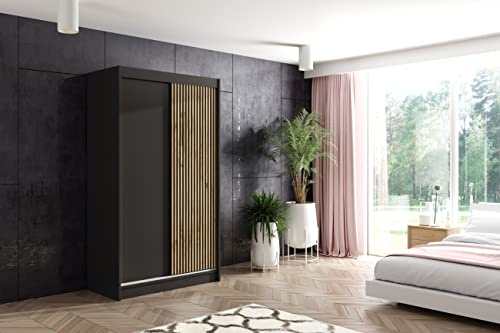 ALTDECOR Kleiderschrank mit Lamel-Schiebetüren, Führungsschienen und Aluminium- Leisten, LED-Beleuchtung und Fernbedienung - VILAN - 120 cm Schwarz + Lamelle Eiche Wotan