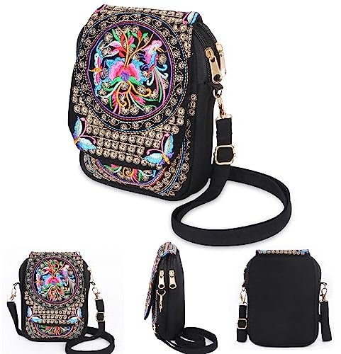 Frauen Kleine Umhängetasche Mädchen Floral Crossbody Tasche Baumwolle Handytasche Ethnisch Bestickte Umhängetasche Mehrschichtige Brieftasche Für Einkaufen Reisen Hund Spazierengehen Strand, Ethnische