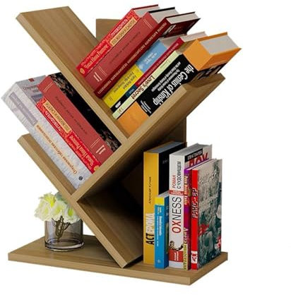 GAESHOW Tree Bookshelf, 3 Shelf Wooden Desktop Organizer Shelf, Retro Floor Standing Bookcase, Organizer Shelves for Bedroom, Living Room, Home, Office (Light Walnut)