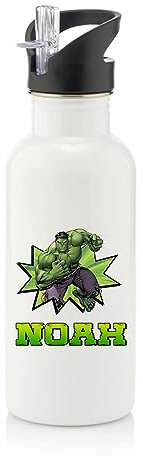 Personalised Superhero Water Bottle Gift For Kids, Boy, New Tearm Gift, Back To School, Stainless Steel 600ml Water Bottle with Straw. (White)
