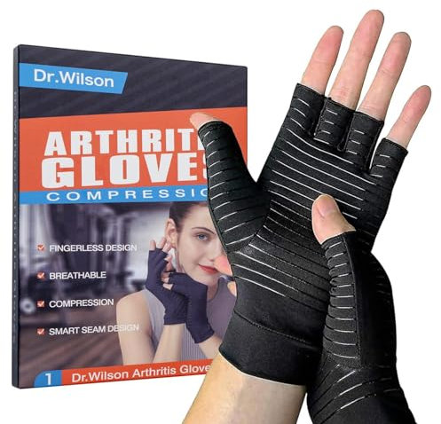 Dr.Wilson Fingerlose Handschuhe aus Kupfer mit Kupferkomfort, Arthritis-Handkompression, Schmerzlinderung, Handschuhe, mit Kupfer durchzogen, Größe S, Schwarz