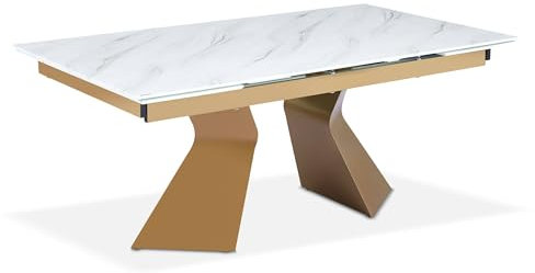 Table à Manger Extensible Icaria en Verre Effet Marbre Blanc et Pieds Or