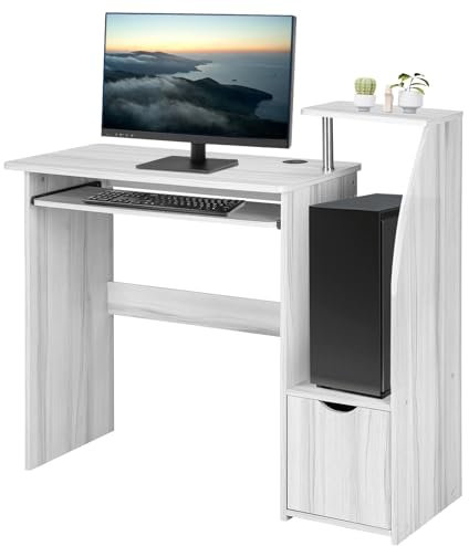 Trintion Computer Desk, Study Writing Small Desks with Drawer Sliding Storage Shelf Keyboard Tray, Gaming Desks for Home Bedroom Office Table Workstations,Oak Grey 80x85x40cm