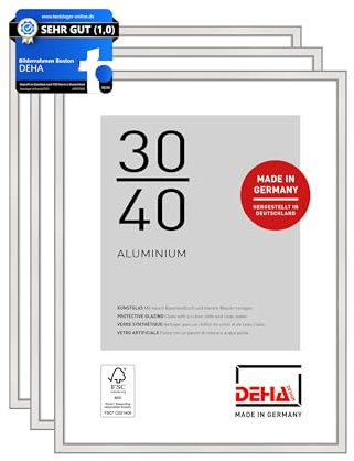 DEHA Design Bilderrahmen, 30 x 40 cm (3er Set), Aluminium, Silber glanz, Fotorahmen zum Aufhängen im Hoch- & Querformat, bruchsicheres Kunstglas, Boston