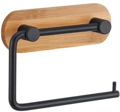 MSV YONO Toilettenpapierhalter, selbstklebend, Stahl, schwarz matt & Bambus