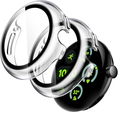 JETech Hülle mit Schutzfolie für Google Pixel Watch 3/2/1 41mm, Eingebaut 9H Gehärteter Glas Displayschutz Harte PC Stoßfänger Schutzhülle, 2 Stück (Durchsichtig/Durchsichtig)