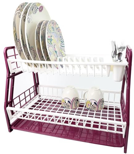 DIVCHI 2-Tier Dish Drying Rack Large Capacity Plastic Dish Drainer, Utensil Holder, Drain board - Kitchen Counter, Over Sink Organizer for Plates, Bowls, Cups (Purple)