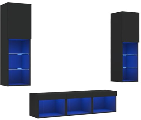 vidaXL Wohnwand 5-TLG., Schrankwand mit viel Stauraum, Anbauwand mit LED-Beleuchtung, Wandmontage Fernsehschrank Wohnzimmer Set, Schwarz Holzwerkstoff