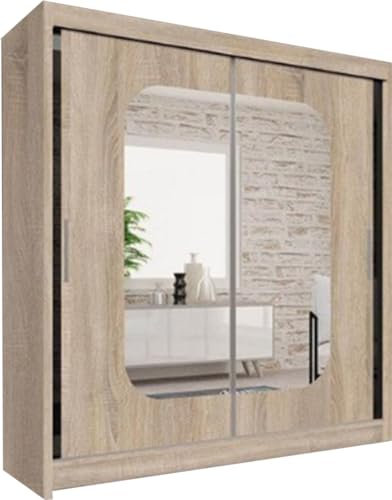 FURNITUREWAVE Alfa Sliding Door Wardrobe with Shelves & Hanging Rails White, Black, Grey & Oak Modern Furniture for Bedroom (120cm/150cm/180cm/203cm) (Oak, 150cm)