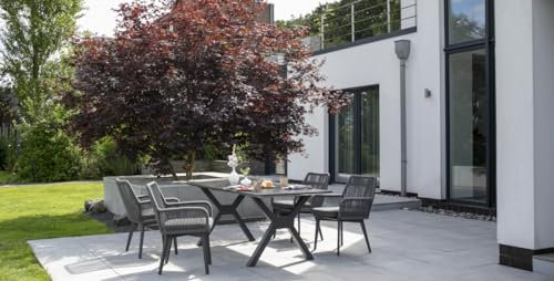 MR. DEKO® Gartenmöbelset Marbella Granada Dark Grey Aluminium | Gartenmöbelset 7-teilig 6 x Diningsessel & 1 x Tisch 200x90 cm| Outdoormöbel Alurahmen & Auflagekissen Rope | Wetterfeste Sitzgruppe