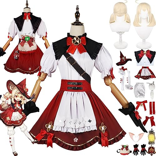 bbganlian Genshin Impact Klee Neue Haut Cosplay Kostüm Outfit Spiel Charakter Uniform Full Set Halloween Dress Up Anzug mit Perücke Hut Elfenohren Kopfschmuck für Frauen Mädchen (L)